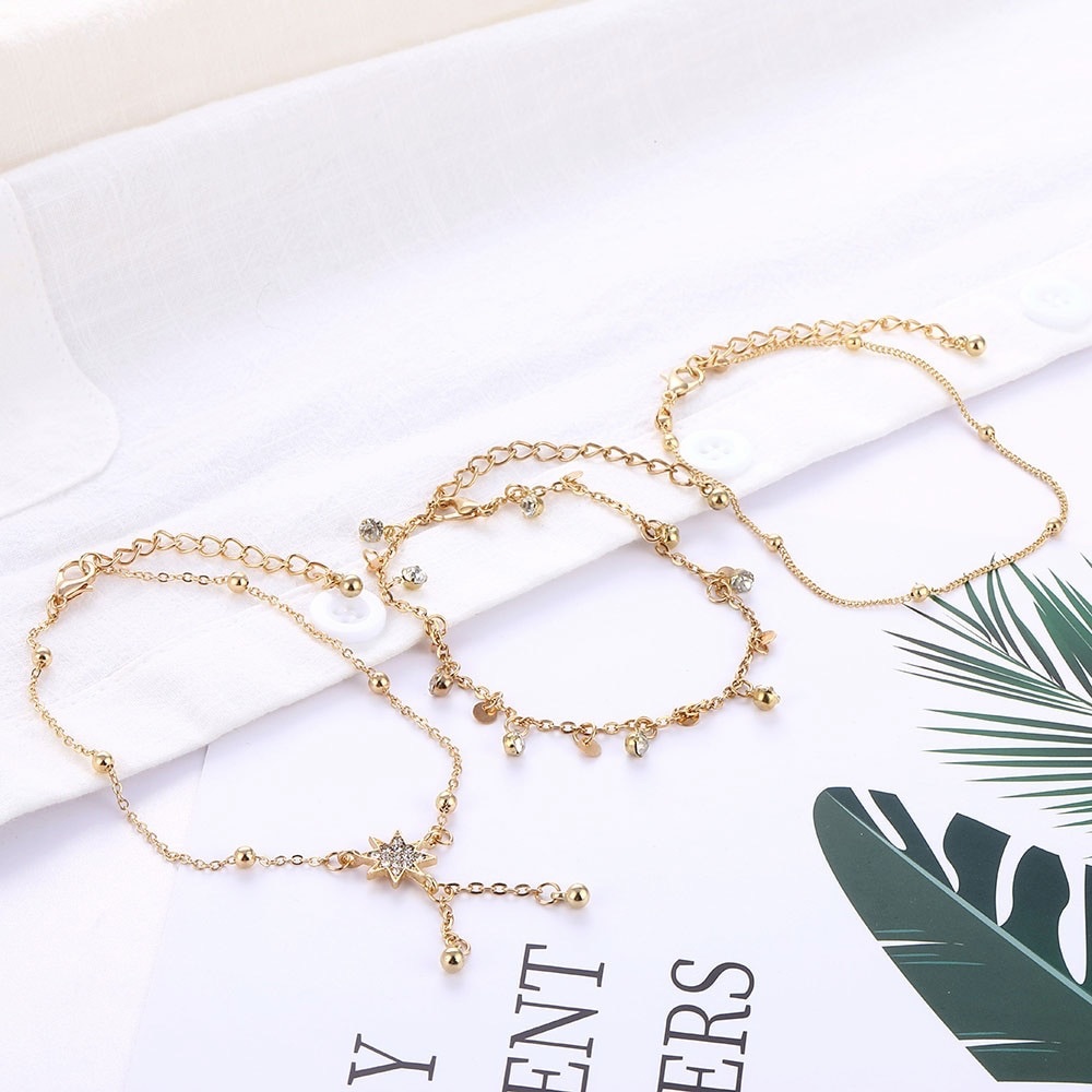 Bohemian 3 Pcs Crystal Star and Gold Anklet Set - Picture 6 of 10